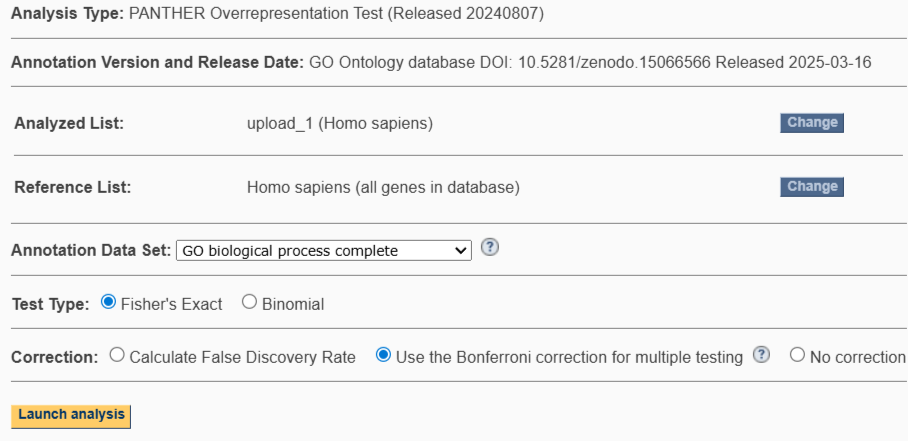 Интерфейс PANTHER с параметрами анализа