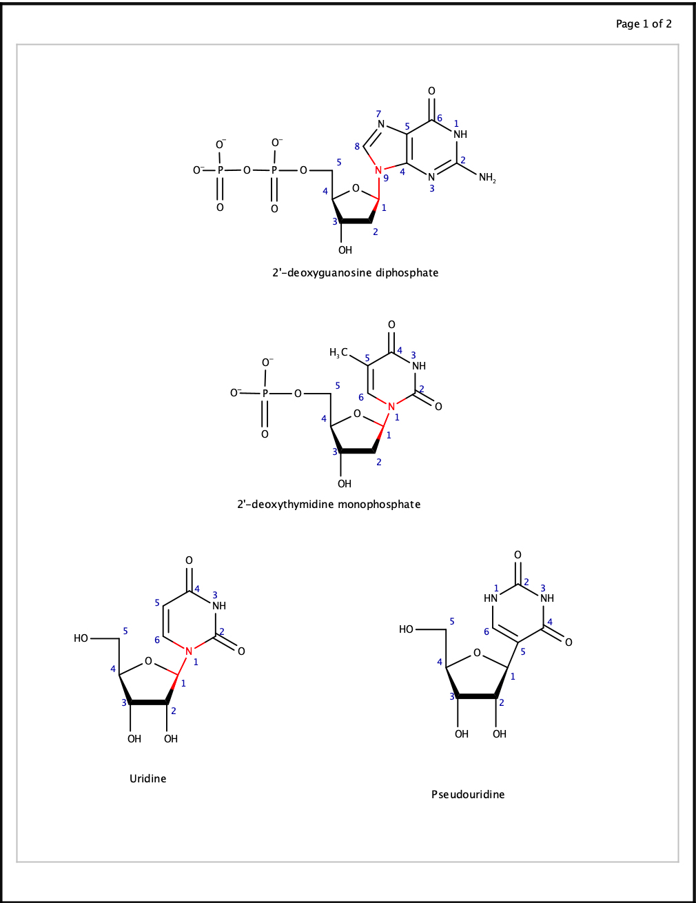 2'-deoxyguanosine diphosphate, 2'-deoxythymidine monophosphate, Uridine, Pseudouridine