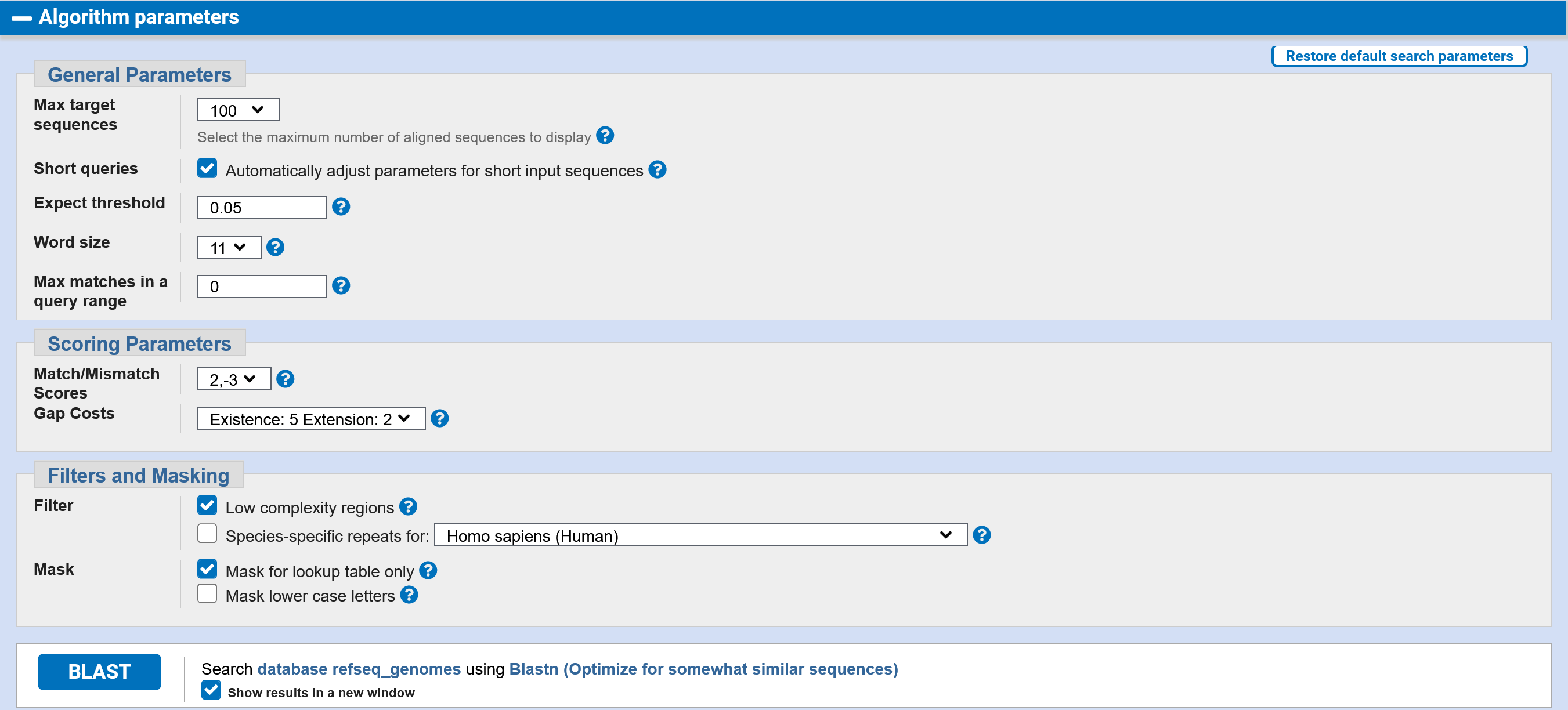 Параметры алгоритма blastn