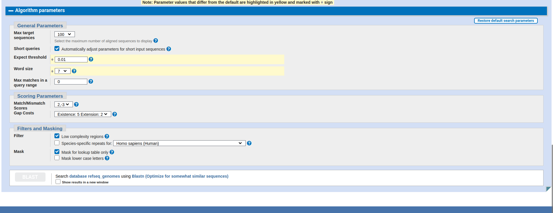 Параметры blastn