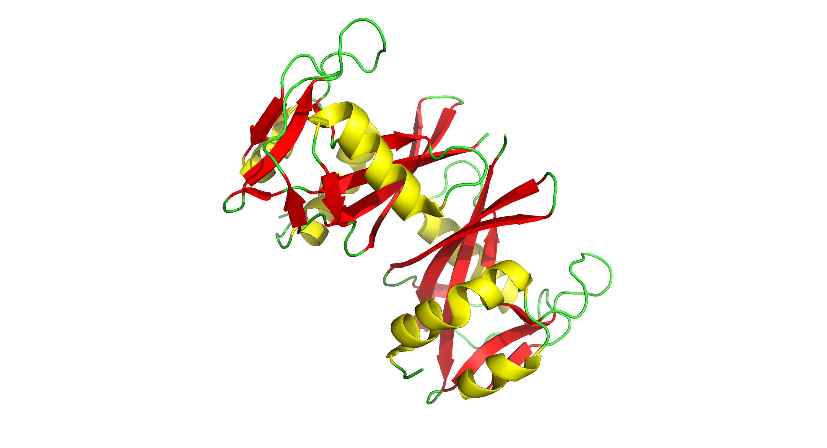 Вторичная структура 3FFU: спирали желтые, тяжи красные